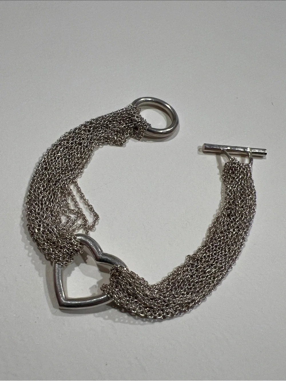Sterling Silver Multi-Strand Silver Heart Chain Toggle Bracelet
